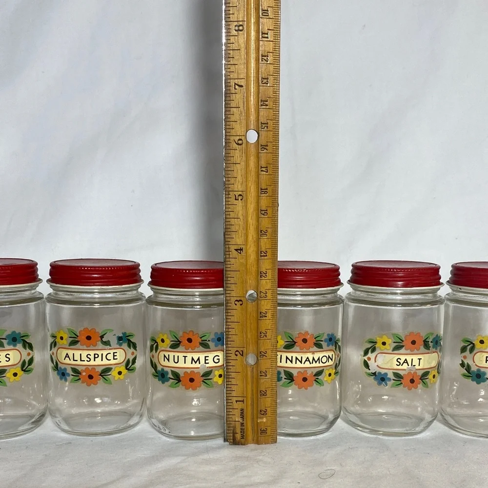 Vintage Set of 6 Glass Spice Jars with Red Metal Lids